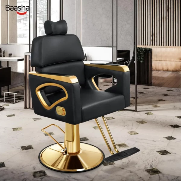 Baasha Reclining Salon Chair with Adjustable Backrest & Lumbar Support, Heavy Duty Black Gold Barber Chair with Durable