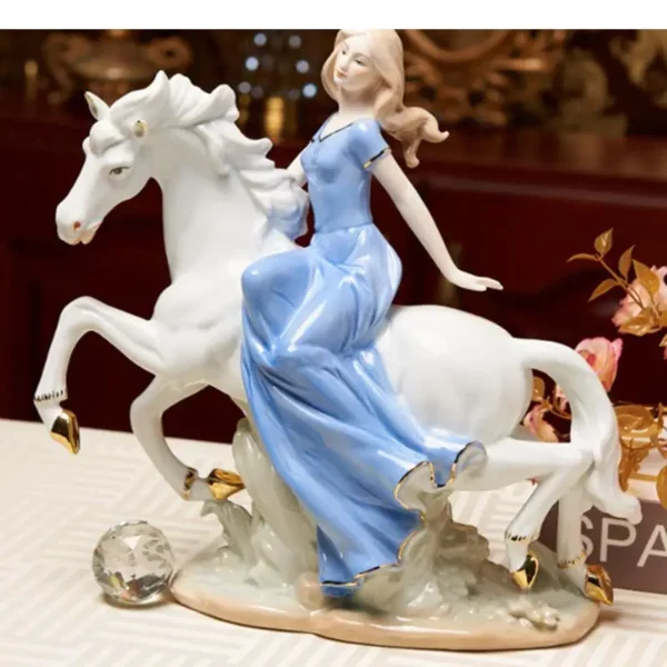 European Style Ceramic Crafts Horse Riding Girl White Horse Figure Statue Living Room Desktop Ornament Home Decoration Gift