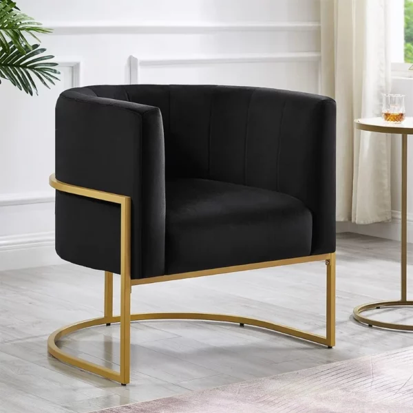 Upholstered Living Room Chair Modern Black Textured Velvet Upholstered Chair with Gold Metal Bracket - Black