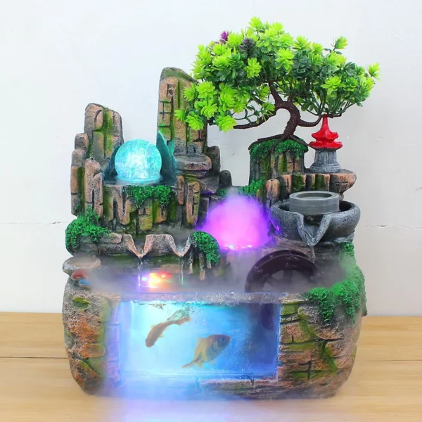 Water Fountain Indoor Fengshui Resin Ornaments Rockery Bonsai Waterwheel Fishbowl LED Ball Crafts Office Home Table Decor Gifts